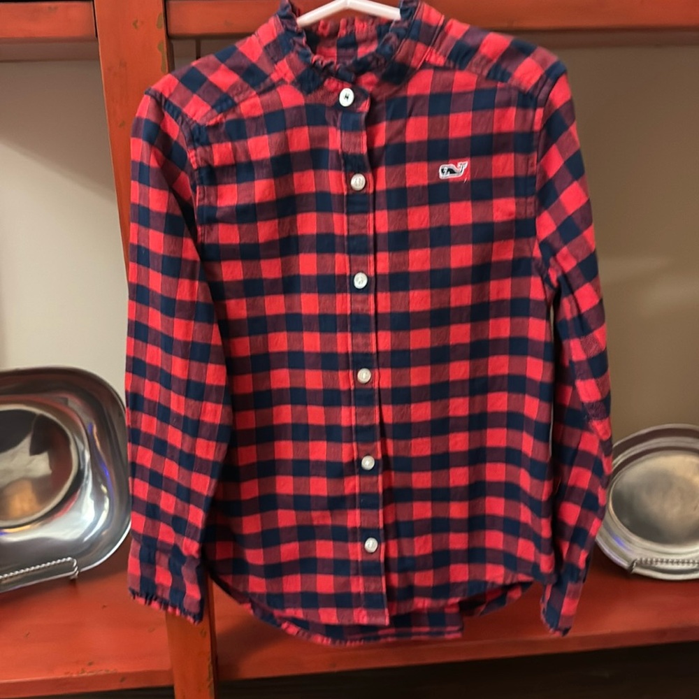 VV Navy/red checked ruffle neck button up